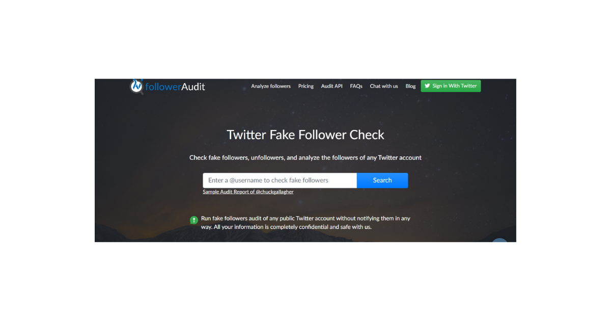 Captura de tela do TweetEraser da página inicial do FollowerAudit em um desktop.