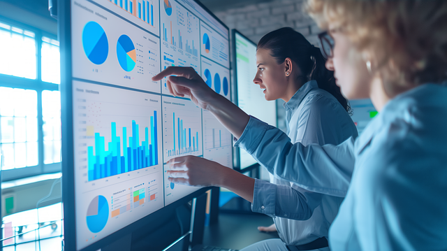 Zwei Personen analysieren Statistiken, Diagramme und Tabellen, die auf mehreren Computerbildschirmen angezeigt werden.