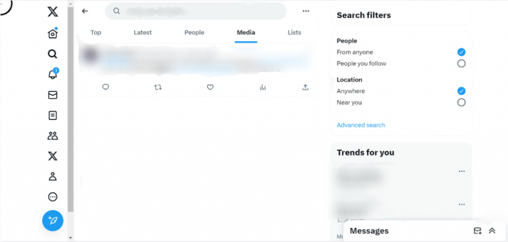 Captura de pantalla de TweetEraser de una página de resultados de búsqueda X que muestra la opción Búsqueda avanzada.