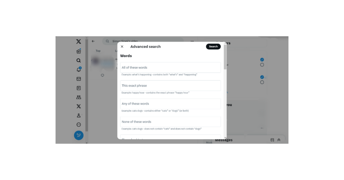 Capture d'écran de TweetEraser du menu de recherche avancée de Twitter sur un compte X.