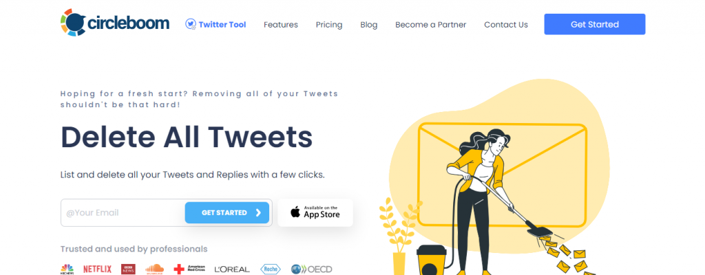 데스크톱에서 Circleboom 트위터 홈페이지의 TweetEraser 스크린샷.