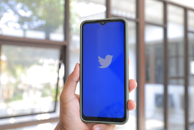 Een foto van iemand die een smartphone vasthoudt met het oude Twitter-logo op het scherm.