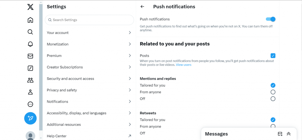 Captura de ecrã do TweetEraser das definições de notificação do X no ambiente de trabalho.