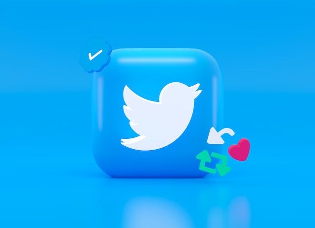 A picture of a white former Twitter bird logo and the like, retweet, and share icon on a blue background.