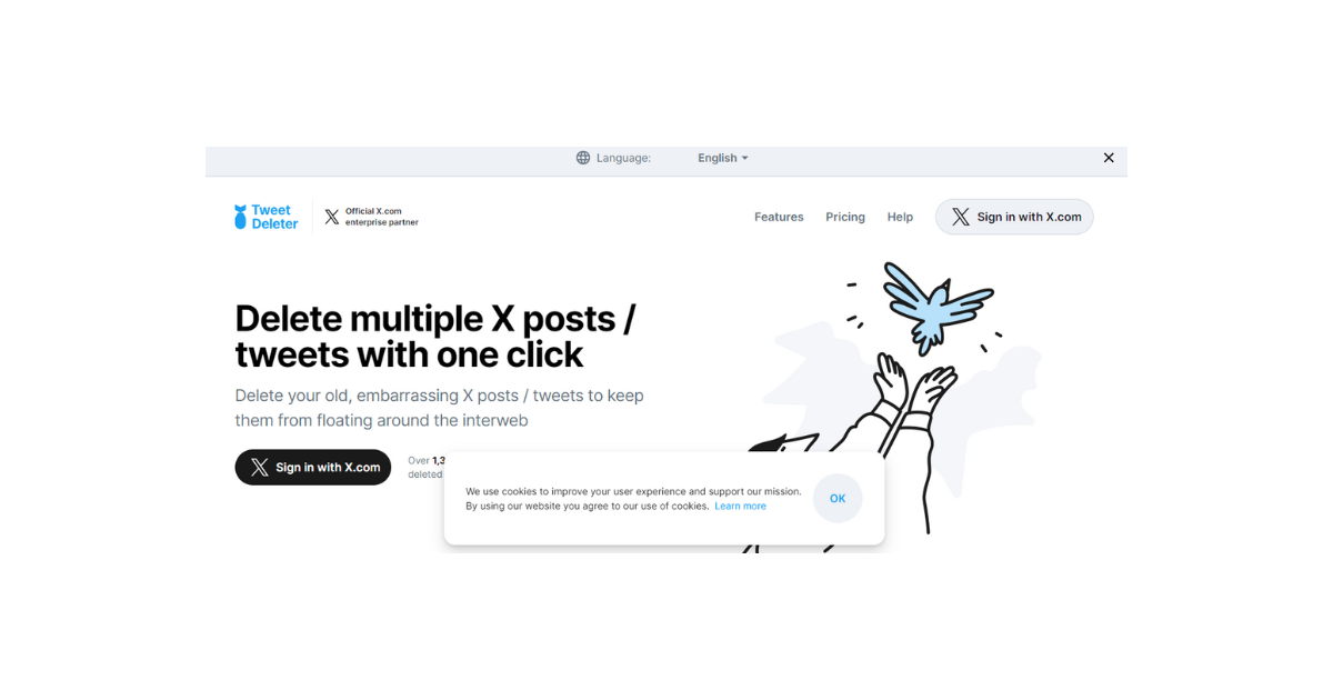 Captură de ecran a lui TweetEraser de pe pagina de start a lui TweetDelete pe un desktop.