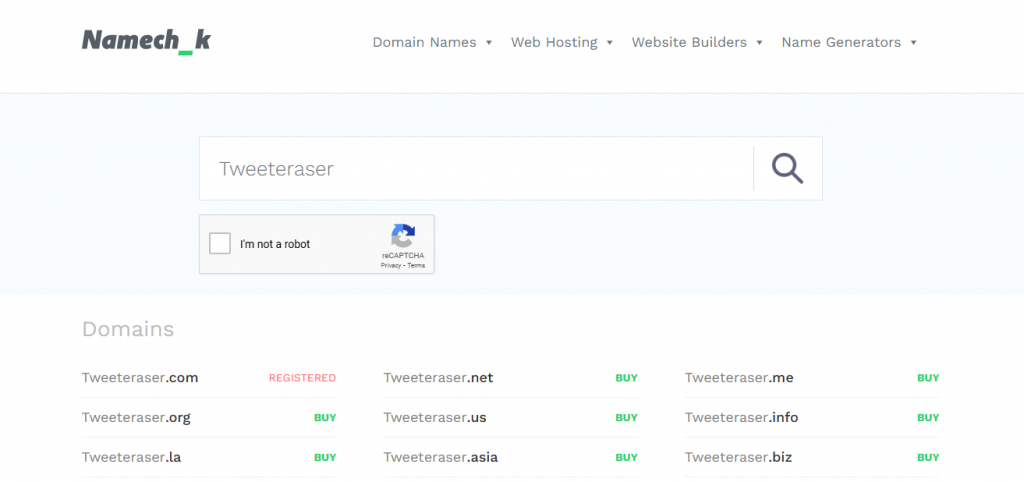 Captură de ecran TweetEraser de verificare a numelui de utilizator TweetEraser folosind Namechk pe un desktop.
